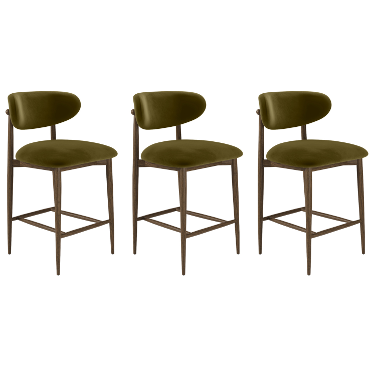 Set of 3 Walnut and Olive Green Upholstered Curved Kitchen Stools with Open Back - Kori