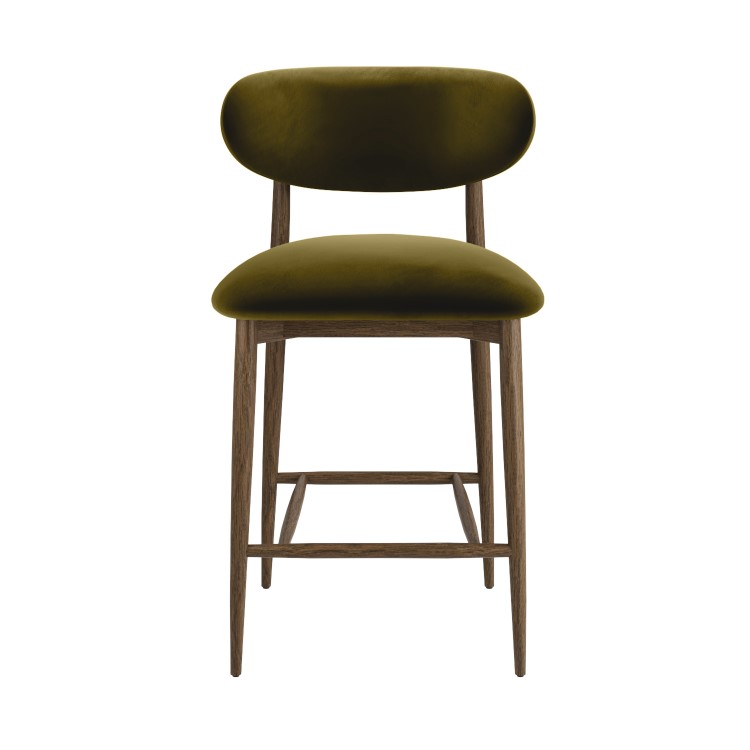 Set of 2 Walnut and Olive Green Upholstered Curved Kitchen Stools with Open Back - Kori