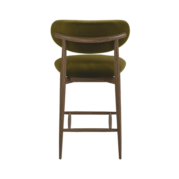 Set of 2 Walnut and Olive Green Upholstered Curved Kitchen Stools with Open Back - Kori
