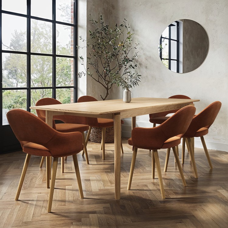 Large Rectangular Oak Extendable Dining Table Set with 6 Burnt Orange Upholstered Chairs - Seats 6 - Leena