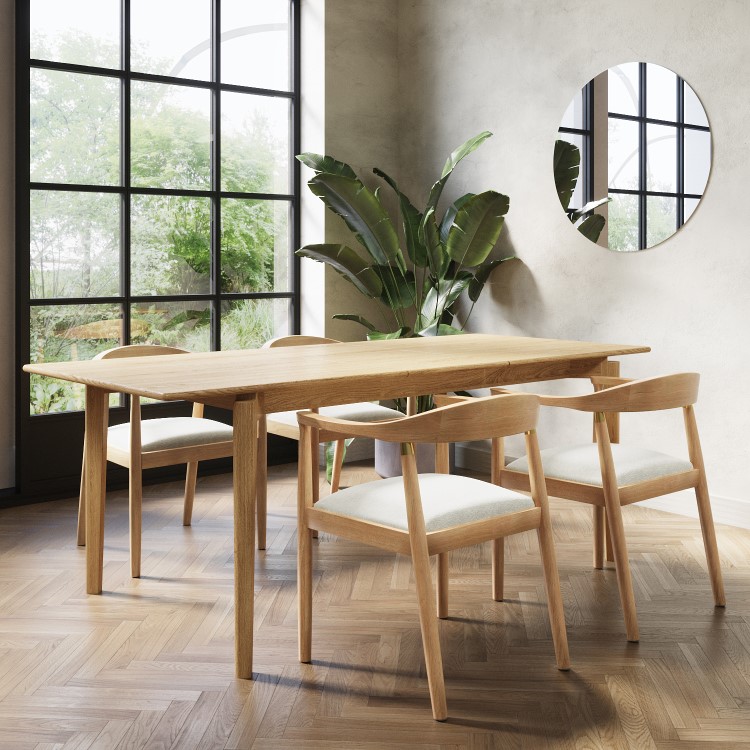 Rectangular Oak Extendable Dining Table Set with 4 Brass Detail Oak Chairs - Seats 4 - Leena