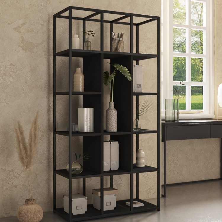 Matt Black Office Desk and Tall Metal Bookcase Set - Larsen