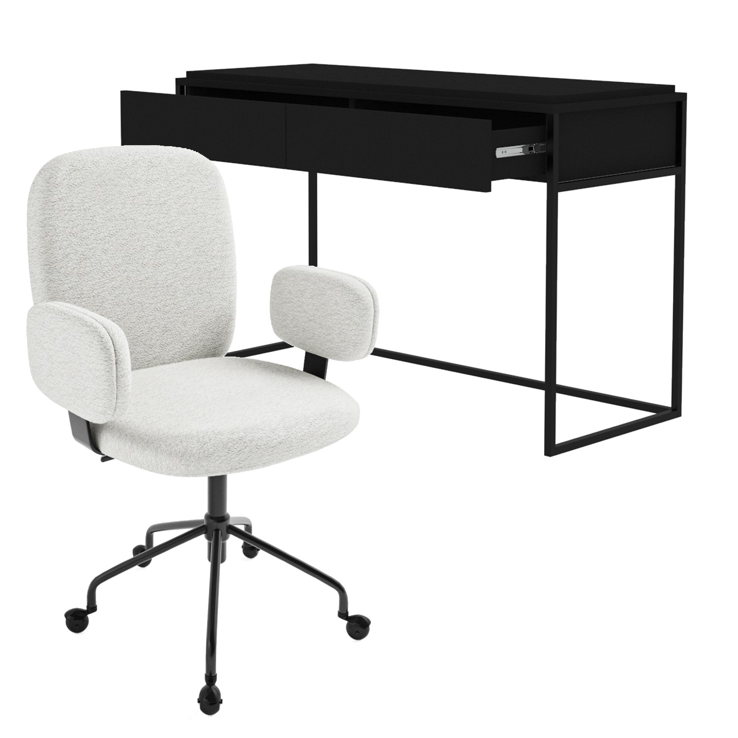Matt Black Wood Computer Desk with Drawer & Cream Boucle Office Chair