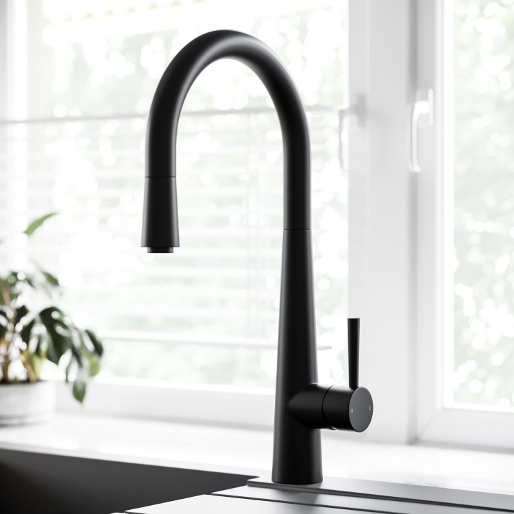 Single Bowl Black Undermount Composite Kitchen Sink With Black Pull Out Kitchen Mixer Tap Set - Enza