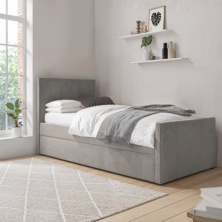 Single Guest Bed with Trundle in Grey Velvet - Layla