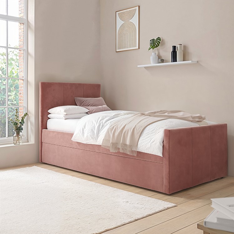 Single Guest Bed with Trundle and 2 Mattresses in Pink Velvet - Layla