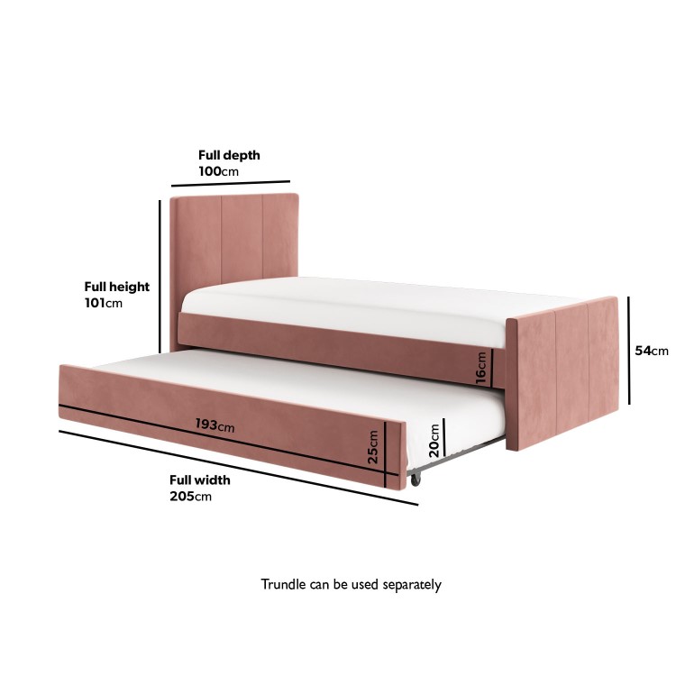 Single Guest Bed with Trundle and 2 Mattresses in Pink Velvet - Layla
