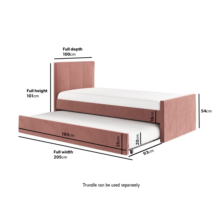 Single Guest Bed with Trundle and 2 Mattresses in Pink Velvet - Layla