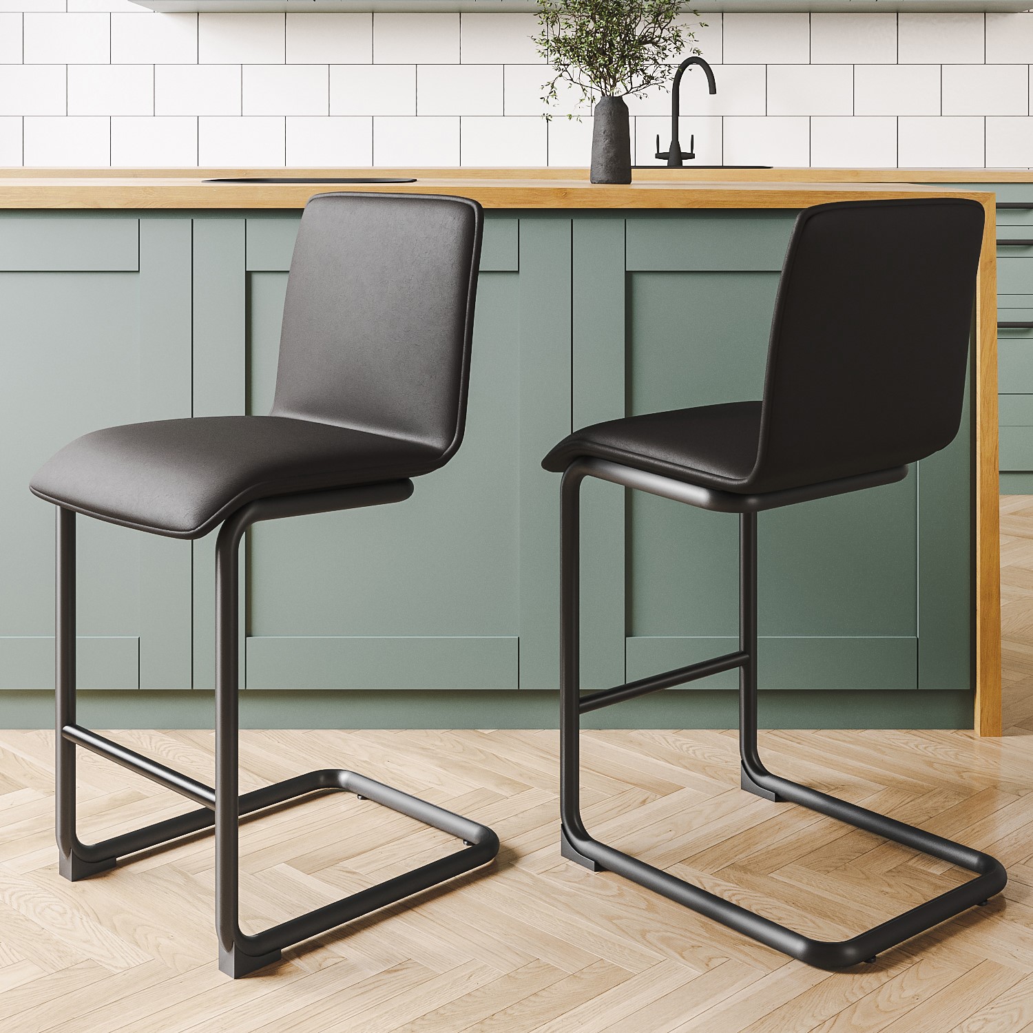 Set of 2 Black Faux Leather Cantilever Kitchen Stools 66cm