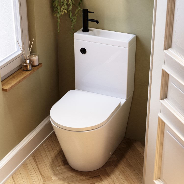 ONLY OPENED - Close Coupled Closed Back Toilet with Sink on Top & Black Fittings - Legend