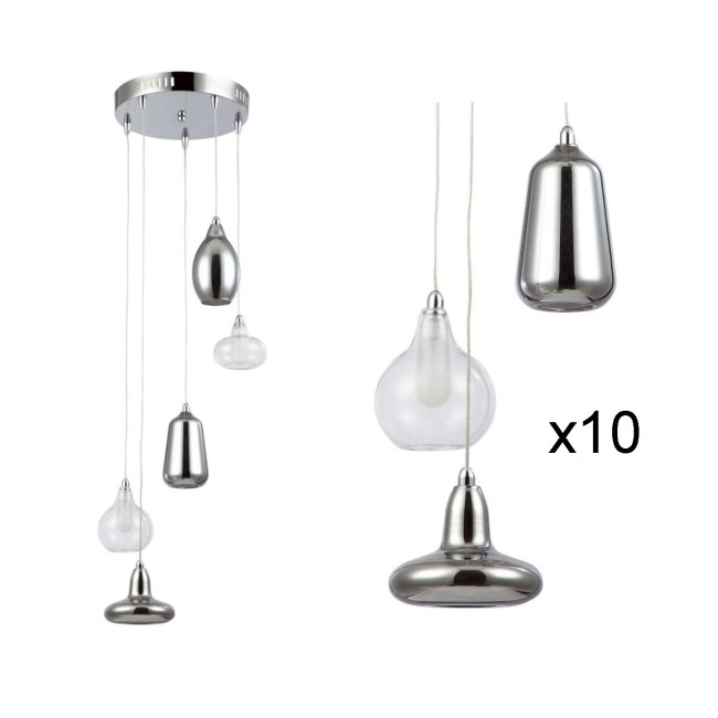 Bundle of 10 Hanging Pendant Lights in Chrome & Glass - Cascade