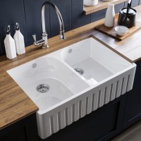 Double Bowl White Ceramic Fluted Belfast Kitchen Sink- Taylor & Moore Lillie Double Bowl White Ceramic Fluted Belfast Kitchen Sink- Taylor & Moore Lillie