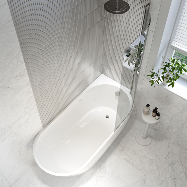 Freestanding Shower Bath Single Ended Right Hand Corner with Chrome Bath Screen 1650 x 740mm - Lisbon