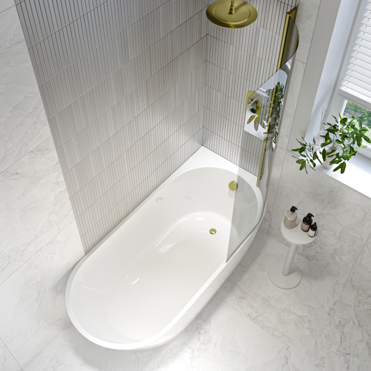 Freestanding Shower Bath Single Ended Right Hand Corner with Brass Bath Screen 1650 x 740mm - Lisbon