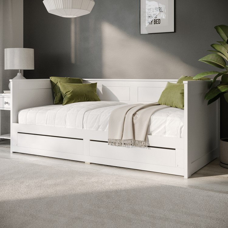 Double Wooden Day Bed with Trundle and Storage in White - Lincoln