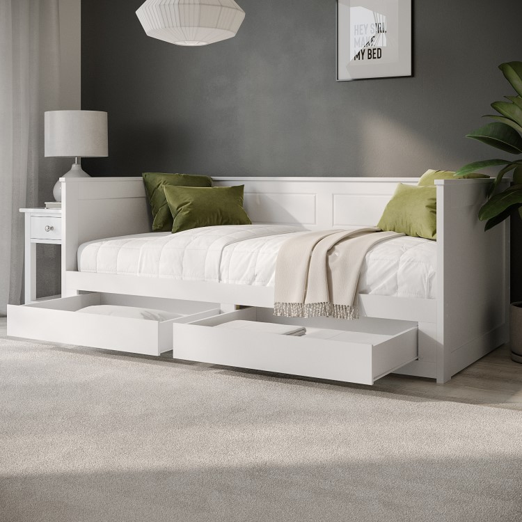 Double Wooden Day Bed with Trundle and Storage in White - Lincoln