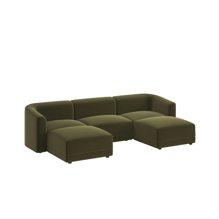 Large Olive Green Velvet 4-Seater U-Shape Modular Chaise Sofa - Laine
