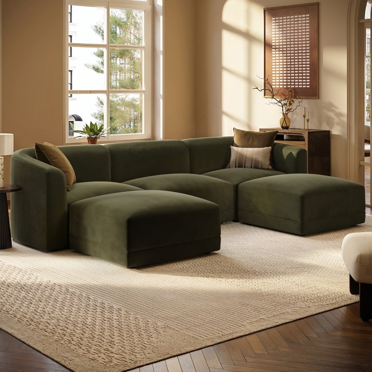 Large Olive Green Velvet 4-Seater U-Shape Modular Chaise Sofa - Laine