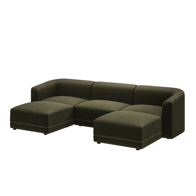 Large Olive Green Velvet 4-Seater U-Shape Modular Chaise Sofa - Laine