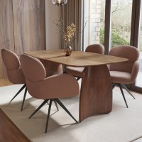 Walnut Curved Leg Dining Table Set with 4 Rust Boucle Swivel Dining Chairs - Leona