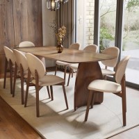 Rectangular Walnut Curved Leg Dining Table Set with 8 Cream Upholstered Chairs - Seats 8 - Leona Rectangular Walnut Curved Leg Dining Table Set with 8 Cream Upholstered Chairs - Seats 8 - Leona