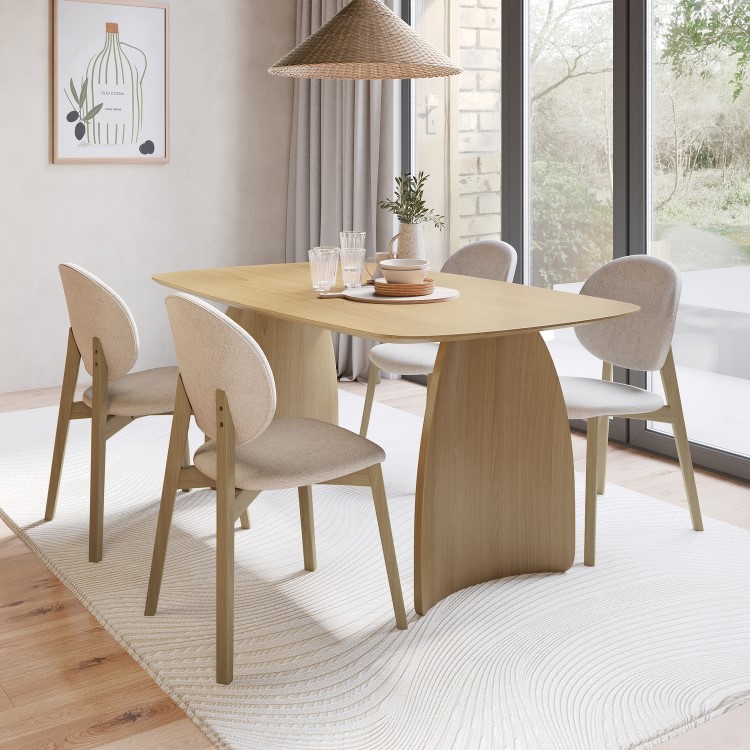 Rectangular Oak Curved Leg Dining Table Set with 4 Cream Upholstered Chairs - Seats 4 - Leona