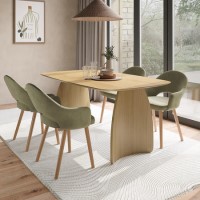 Rectangular Oak Curved Leg Dining Table Set with 4 Sage Green Velvet Chairs - Seats 4 - Leona