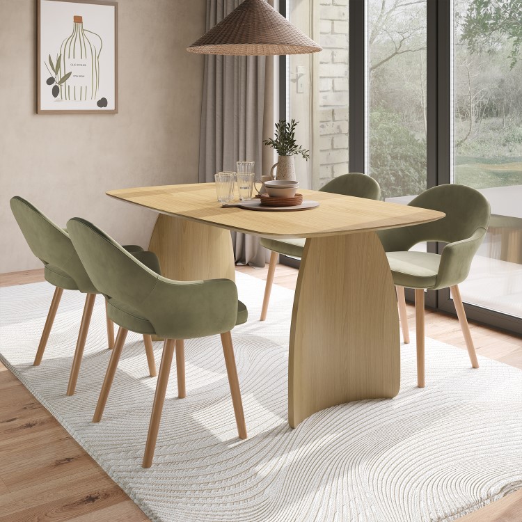 Rectangular Oak Curved Leg Dining Table Set with 4 Sage Green Velvet Chairs - Seats 4 - Leona