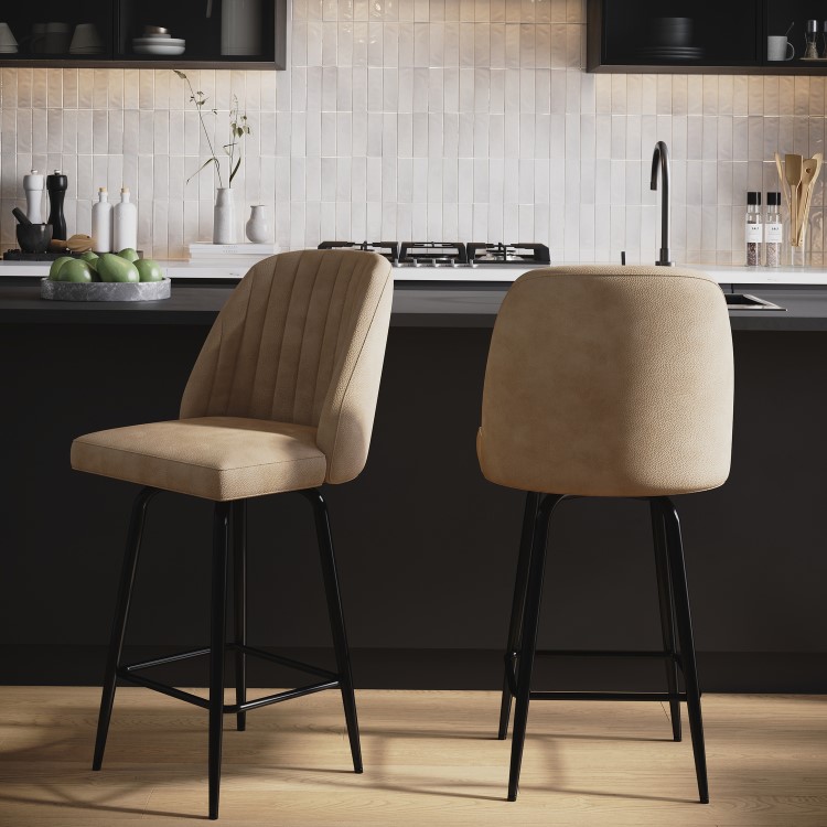 Set of 2 Beige Faux Leather Swivel Kitchen Stools - Logan