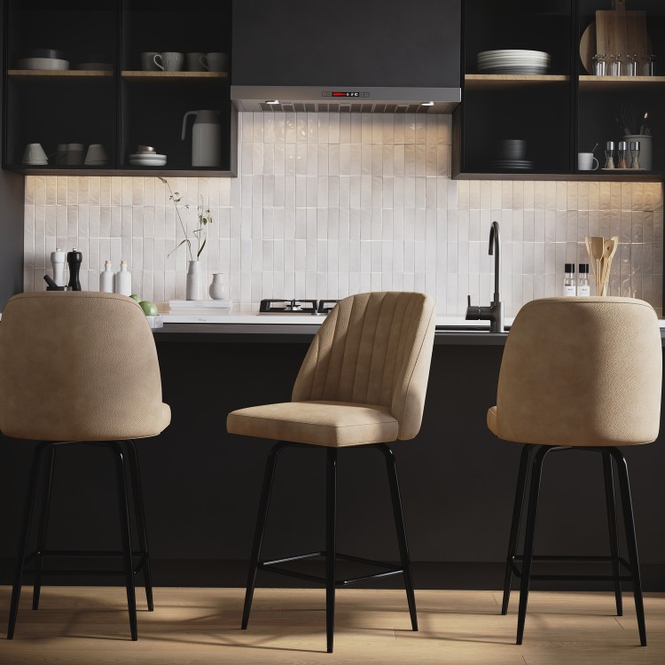 Set of 3 Beige Faux Leather Swivel Kitchen Stools - Logan