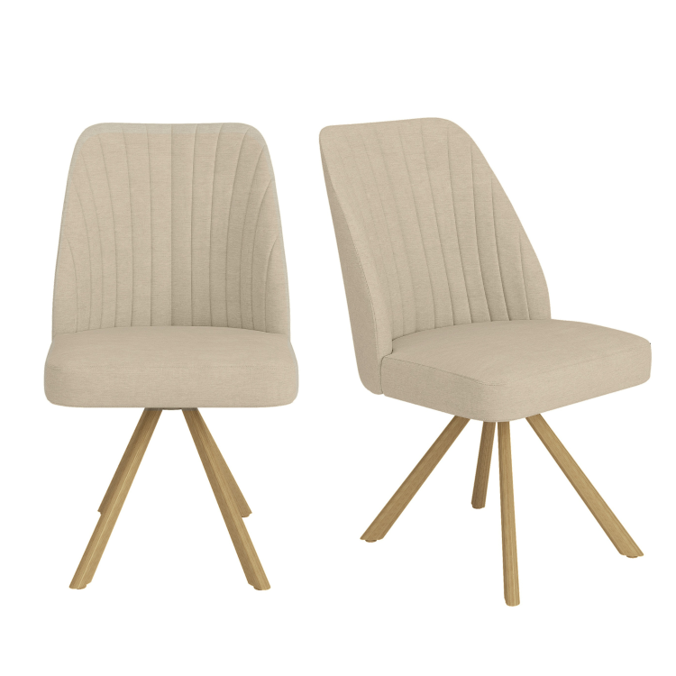 Set of 2 Beige Upholstered Swivel Dining Chairs with Oak Effect Legs - Logan