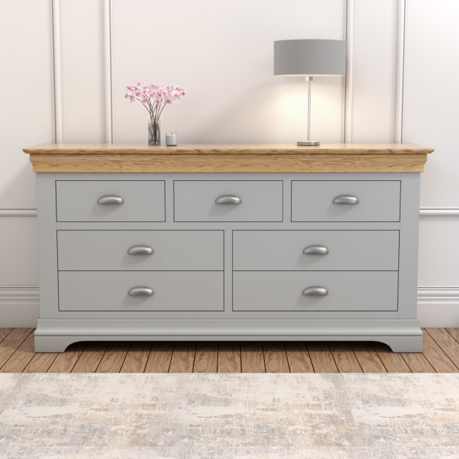 Loire Large Grey Painted Sideboard Two Tone with Oak Top - 7 Storage Drawers
