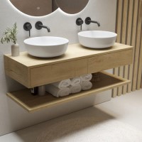 1200mm Wood Effect Wall Hung Countertop Double Vanity Unit with Round Basins and Shelf - Lugo