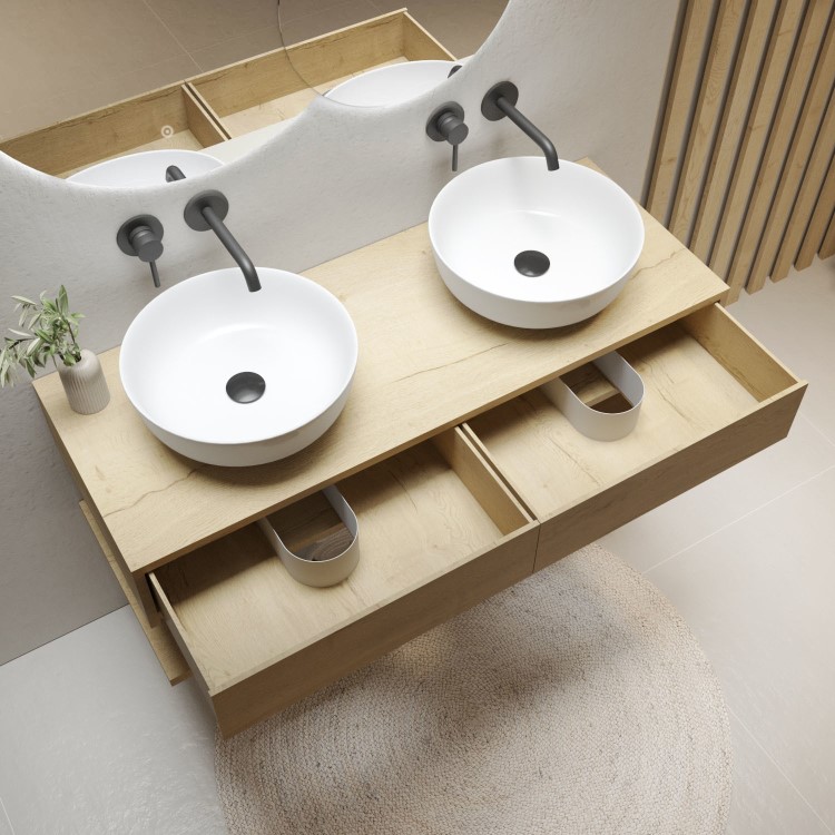 1200mm Wood Effect Wall Hung Countertop Double Vanity Unit with Round Basins and Shelf - Lugo