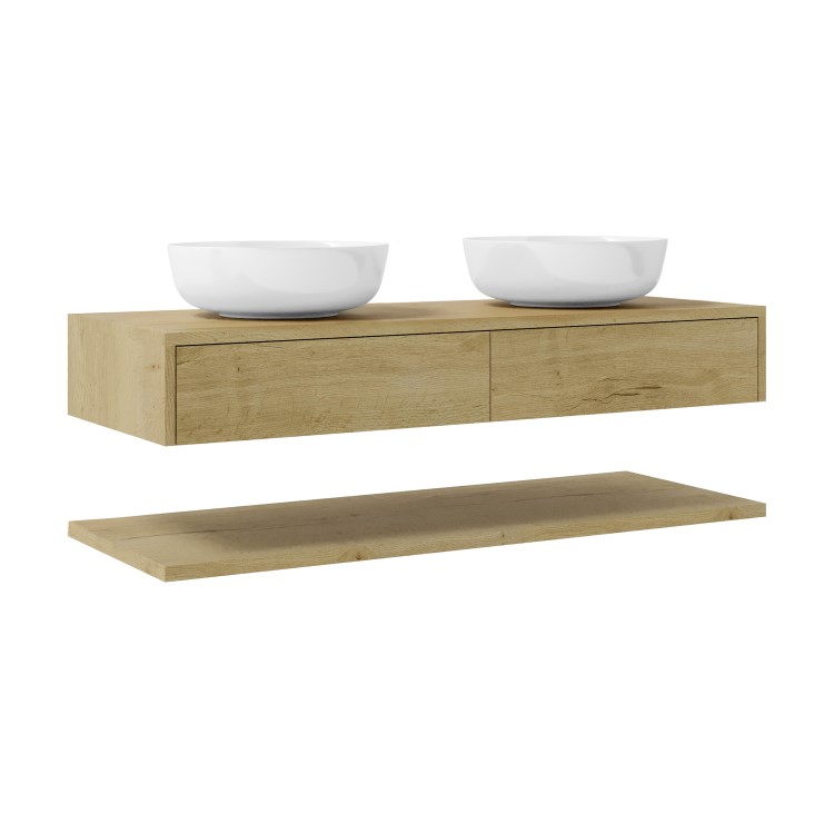 1200mm Wood Effect Wall Hung Countertop Double Vanity Unit with Round Basins and Shelf - Lugo