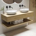 BUN/LUGOAK1200/89168 1200mm Wood Effect Wall Hung Double Countertop Vanity Unit with Basins and Shelf - Lugo