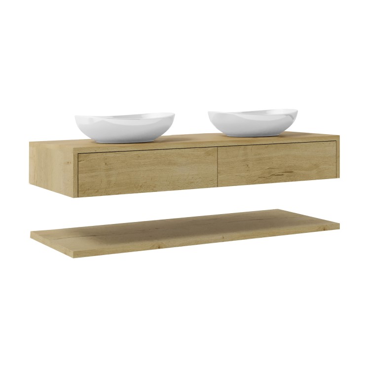 1200mm Wood Effect Wall Hung Double Countertop Vanity Unit with Basins and Shelf - Lugo