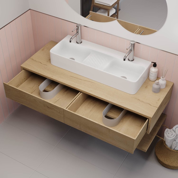 Grade A1 - 1200mm Oak Wall Hung Countertop Vanity Unit with Countertop Gloss White Basin