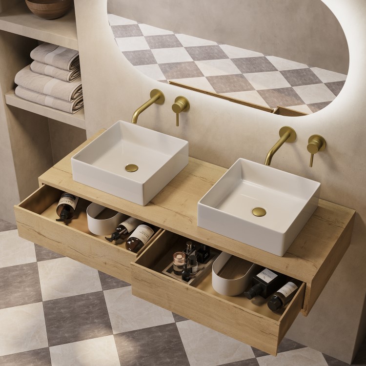 1200mm Oak Wall Hung Countertop Vanity Unit with Square Basin - Lugo