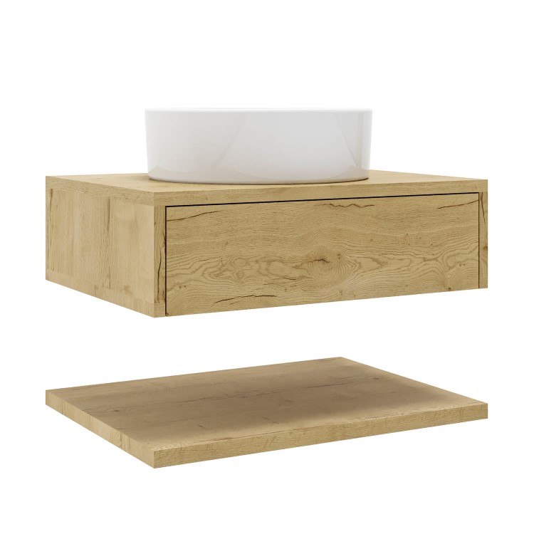Grade A1 - 600mm Oak Wall Hung Countertop Vanity Unit with Round Basin and Shelves - Lugo