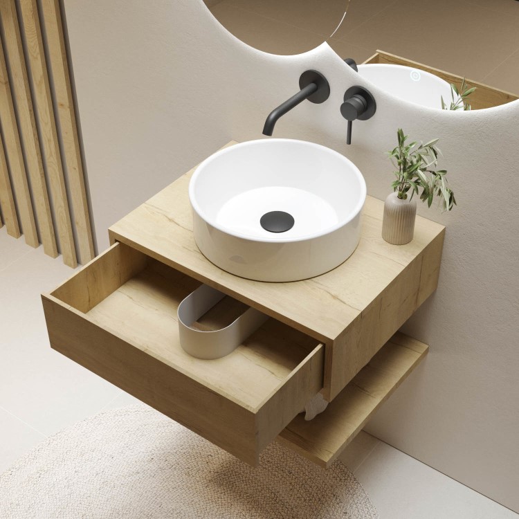 Grade A1 - 600mm Oak Wall Hung Countertop Vanity Unit with Round Basin and Shelves - Lugo