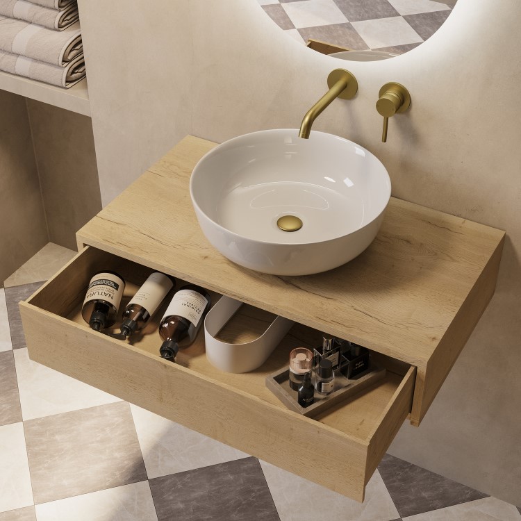 800mm Oak Wood Effect Wall Hung Countertop Vanity Unit with Basin- Lugo