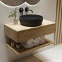 ONLY OPENED - 800mm Wood Effect Wall Hung Countertop Vanity Unit with Black Marble Effect Basin and Shelf - Lugo
