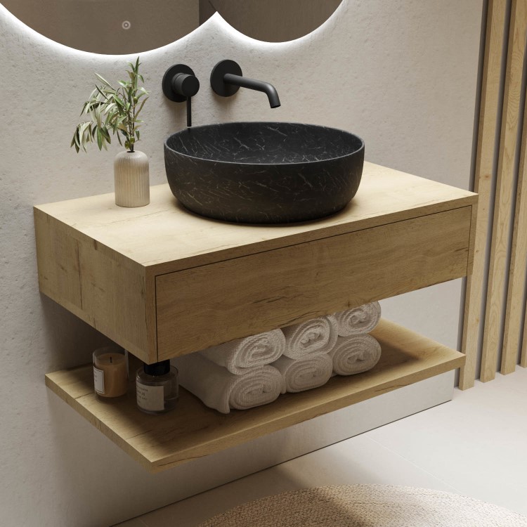 ONLY OPENED - 800mm Wood Effect Wall Hung Countertop Vanity Unit with Black Marble Effect Basin and Shelf - Lugo