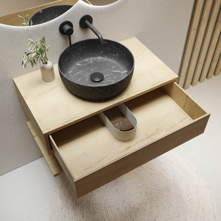 ONLY OPENED - 800mm Wood Effect Wall Hung Countertop Vanity Unit with Black Marble Effect Basin and Shelf - Lugo