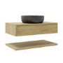 ONLY OPENED - 800mm Wood Effect Wall Hung Countertop Vanity Unit with Black Marble Effect Basin and Shelf - Lugo