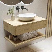 800mm Wood Effect Wall Hung Countertop Vanity Unit with Basin and Shelf - Lugo