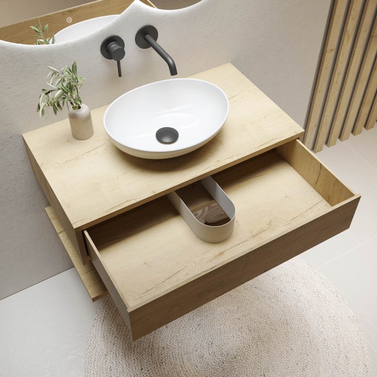 800mm Wood Effect Wall Hung Countertop Vanity Unit with Basin and Shelf - Lugo