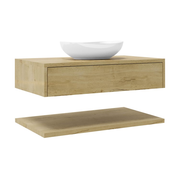 800mm Wood Effect Wall Hung Countertop Vanity Unit with Basin and Shelf - Lugo