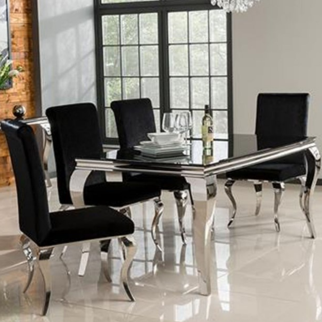 Louis Mirrored Dining Set in Black with 160cm Table & 4 Velvet Chairs - Vida Living